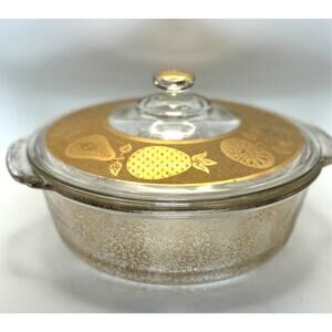 Vintage Fire-King Anchor Hocking Gold‎ Fruit Glass 2 QT Casserole Dish USA